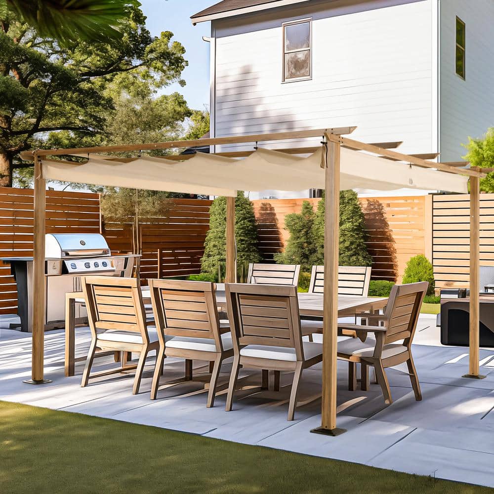12 ft x 12 ft Beige Aluminum Pergola with Retractable Canopy
