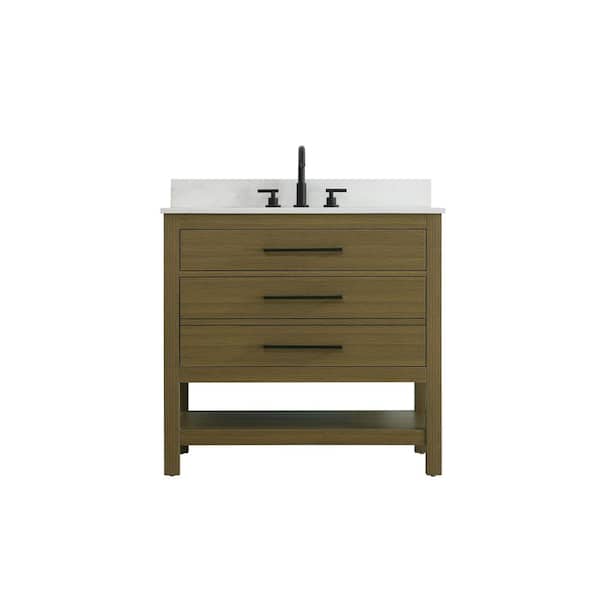 36 in. Single Sink Chestnut Brown Bath Vanity with White Engineered Marble Top and Backsplash