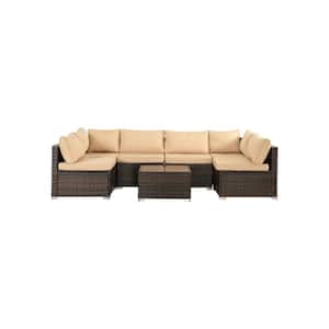 7-Piece Brown PE Wicker Sectional Sofa Couch Outdoor Conversation Set with Table And Beige Cushions