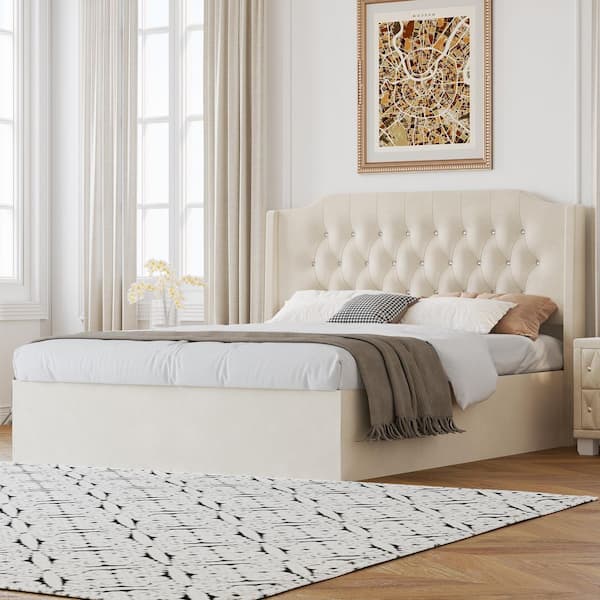 Harper & Bright Designs Beige Wood Frame Queen Size Tufted Velvet Upholstered Platform Bed with Crystal Button Accents