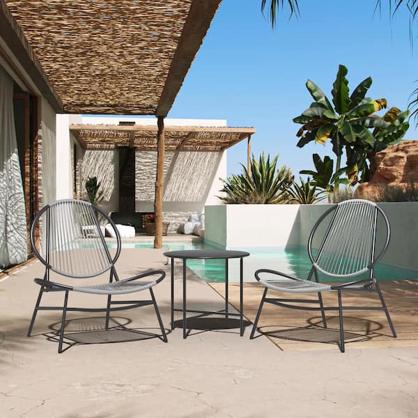 JEAREY 3-Piece Grey Round Rattan Patio Rust-Proof Outdoor Bistro Set