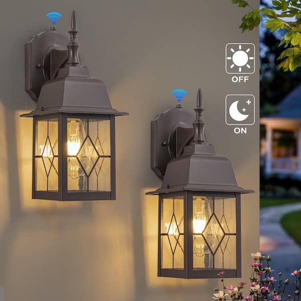 14 in. Oil-rubbed Bronze Aluminum Dusk to Dawn Outdoor Hardwired Wall Lantern Sconce with Tempered Seeded Glass (2-Pack)