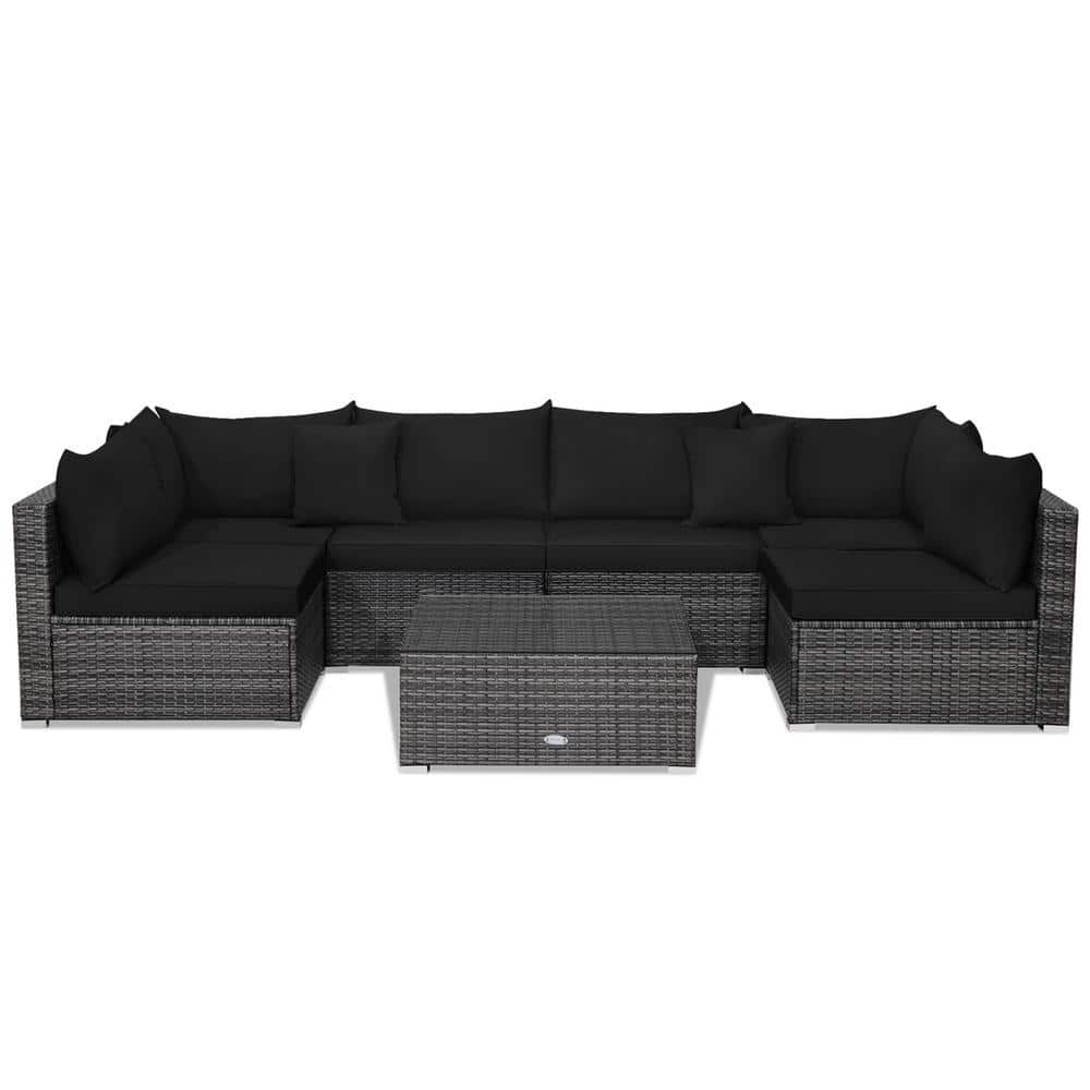 7-Piece Wicker Outdoor Patio Rattan Sectional Sofa Set Furniture Set with Black Cushions -  Gymax, GYM10226