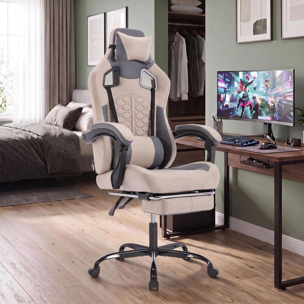 Faux Leather High Back Office Chair Ergonomic Gaming Chair in Grey with Lumbar Support, Headrest, Footrest