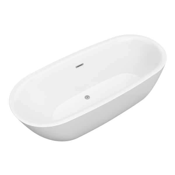 Britt Series 59 in. x 30 in. Flat Bottom Acrylic Freestanding Soaking Bathtub with Center Drain in Glossy White