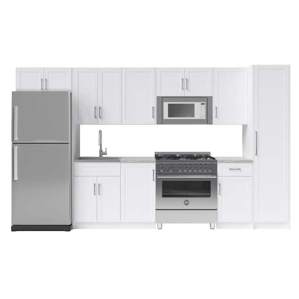 NewAge Products Home Kitchen White Particle Board Shaker Stock Assembled Base 13-PC Kitchen Cabinet Set (142.25 in. x 84 in. x 25.5 in.)
