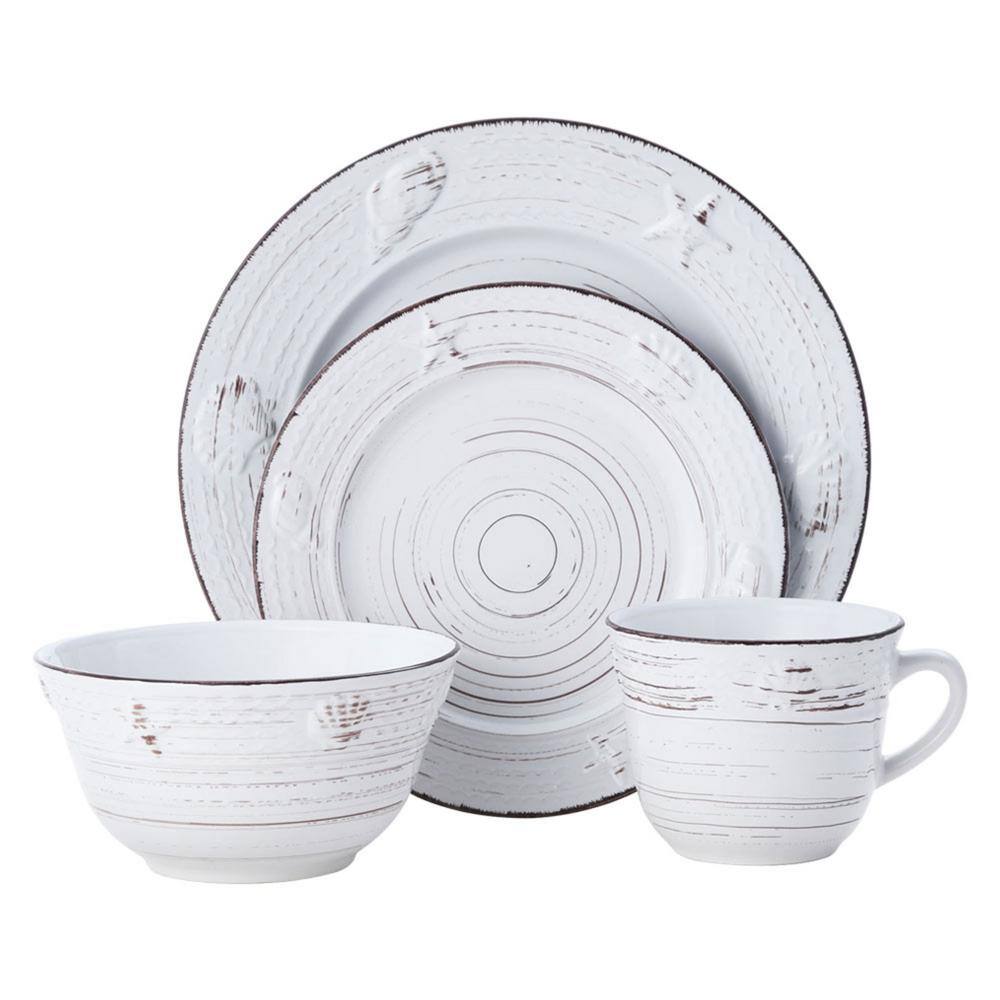 White Ceramic 16-Piece Weathered Dinnerware Set, Service for 4