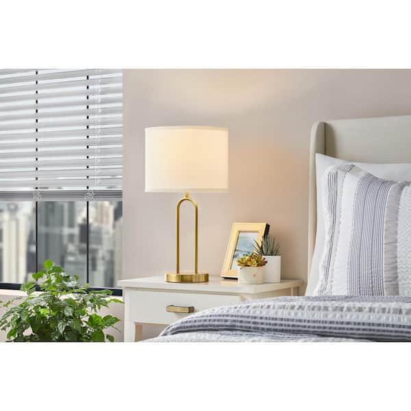 Hampton Bay Streamside 20 in. Brushed gold Standard 1-Light Table Lamp with White Fabric Drum Shade
