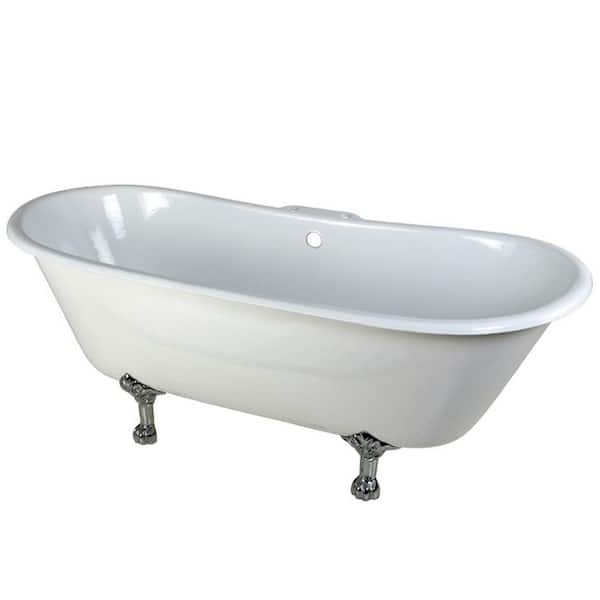 Aqua Eden 67 in. Cast Iron Polished Chrome Double Slipper Clawfoot Bathtub with 7 in. Deck Holes in White