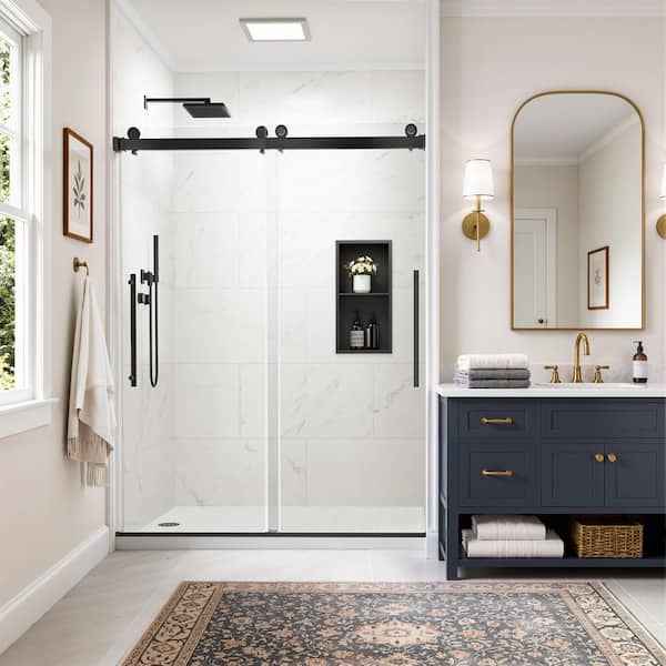 56-60 in. W x 76 in. H Semi Frameless Double Sliding Shower Door in Matte Black with 5/16 in. Nano-Coated Glass
