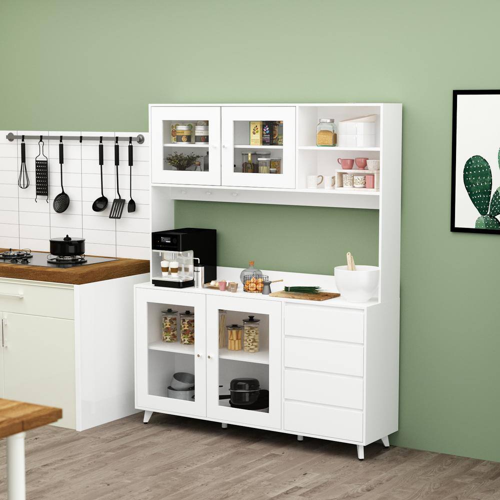 White wood buffet sideboard pantry cabinet with various kitchen items.