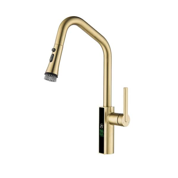1-Handle 21 in. H Pull Down Sprayer Kitchen Faucet 3-Spray Fixed Sink Faucet with Digital Display in Brushed Gold
