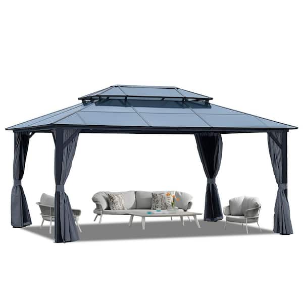 Endark 12 ft. x 16 ft. Black Hardtop Gazebo with Polycarbonate Double Roof Pergola, Netting, and Curtain