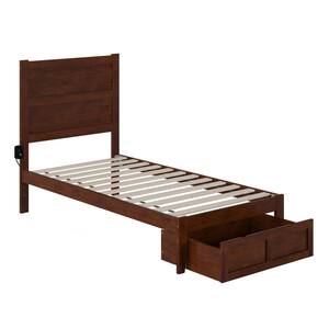 NoHo Walnut Twin Solid Wood Storage Platform Bed with Foot Drawer and Attachable USB Device Charger