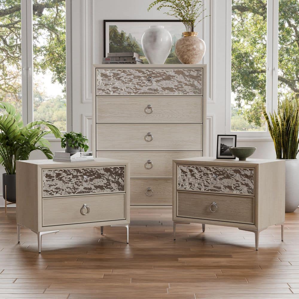 Jolt 3-Piece Natural Oak 2-Drawer Set of 2 Nightstands and Chest with USB Charging Ports And Cedar Bottom Drawers