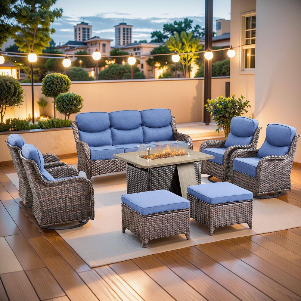 MoonLuxe Brown Wicker Fire Pit Conversation Set with Blue Olefin 6 in. Thick Cushions Patio Swivel Chairs (8-Piece) price history on PriceWatchPro