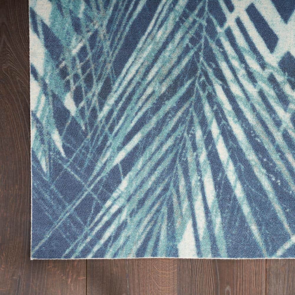 Navy Blue Tropical Leaf Pattern Indoor/Outdoor Rug, 10' x 13'