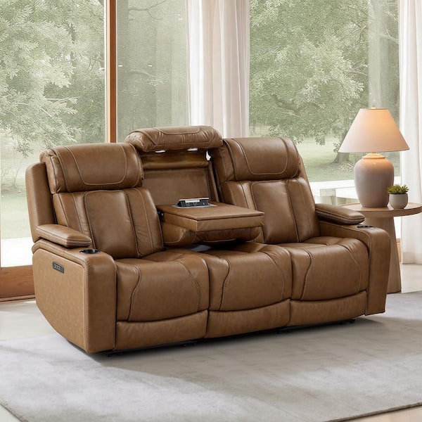 Ziva 83.86 in. Saddle Triple Motor Square Arm Rectangle Top Grain Leather Reclining Sofa with Lumbar and Flip-Down Tray