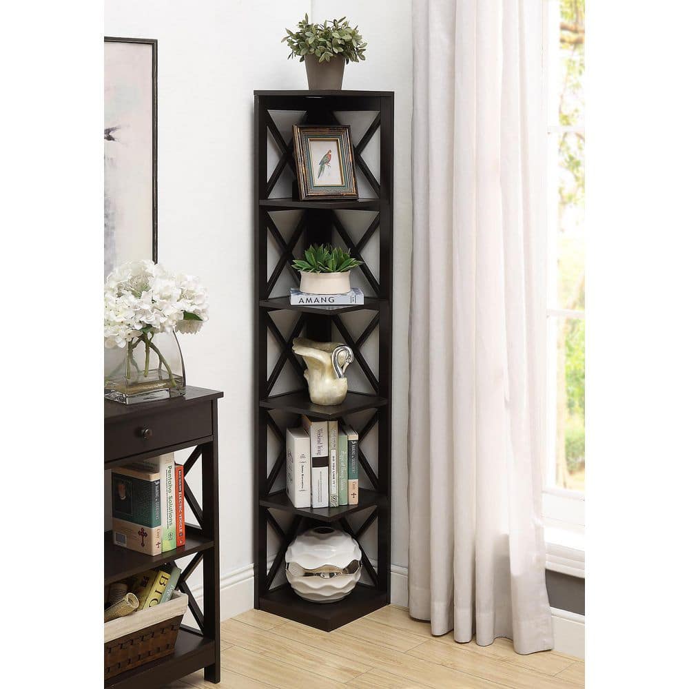 Espresso 5-Tier Corner Bookcase with Crossed X Design