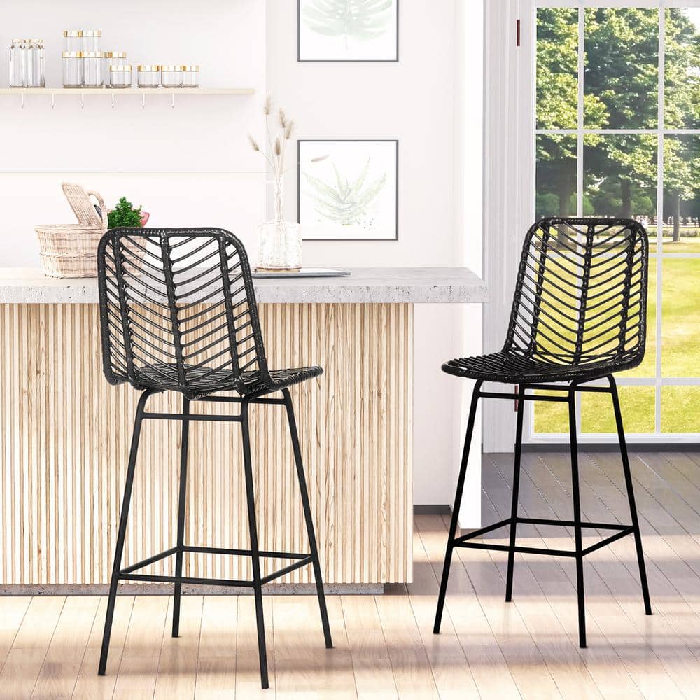 Black Metal and Rattan Counter Height Bar Stools Set of 2