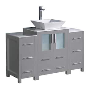 Torino 48 in. Bath Vanity in Gray with Glass Stone Vanity Top in White with White Vessel Sink, Side Cabinets