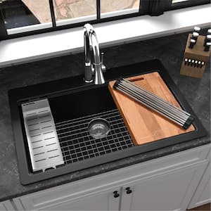 QTWS-875 Quartz 33 in. Single Bowl Drop-In Workstation Kitchen Sink in Black