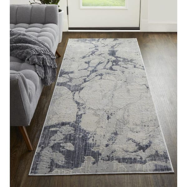 2 X 8 Ivory, Blue Abstract Runner Rug