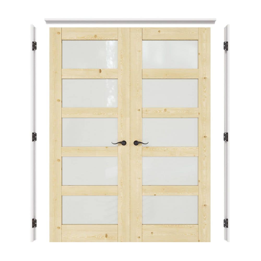 56 in. x 80 in. 5-Lite Frosted Glass Universal Solid Core Unfinished Pine Wood Double Prehung French Door+Separate Jamb price history on PriceWatchPro