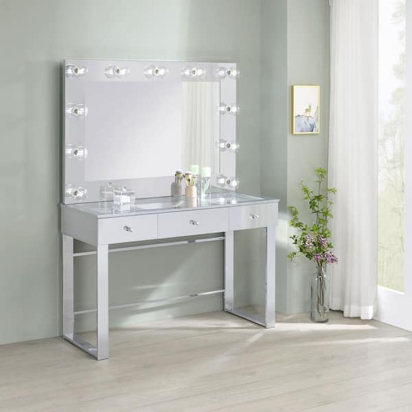 Coaster Umbridge 2-Piece Chrome and White 3-Drawers Makeup Vanity with Lighting