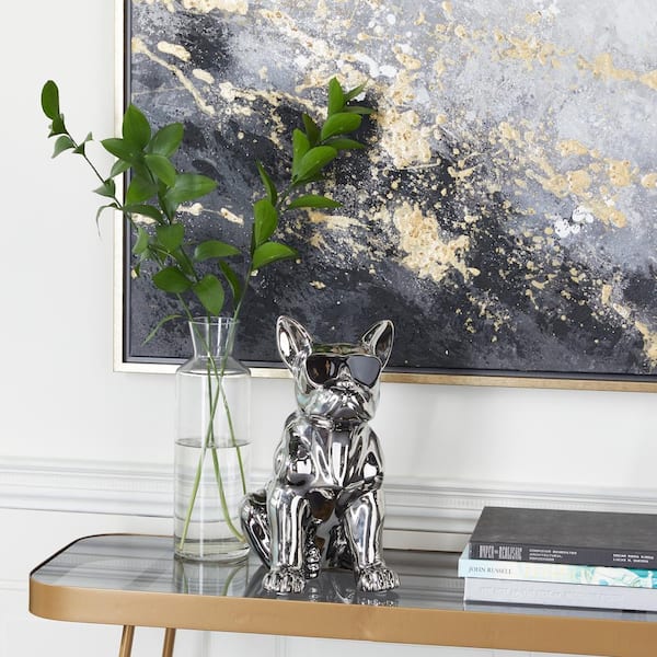 10 in. x 12 in. Silver Ceramic Bulldog Sculpture with Sunglasses