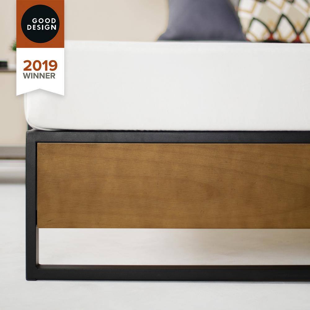 King Size Brown Pine and Metal Platform Bed with Headboard