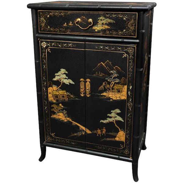 Oriental Furniture Black Lacquer Japanese Shoe Cabinet