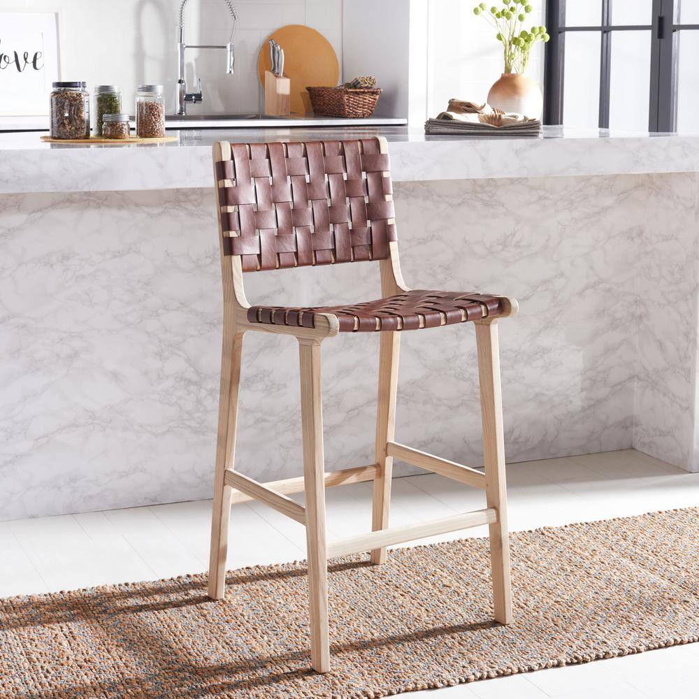 Cognac Leather and Natural Wood Counter Stool