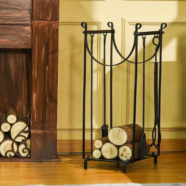 HOMCOM 16 2-Tier Firewood Log Rack with 4 Tools, Fireplace Wood Storage Holder with Shovel, Broom, Poker, Tongs and Hooks