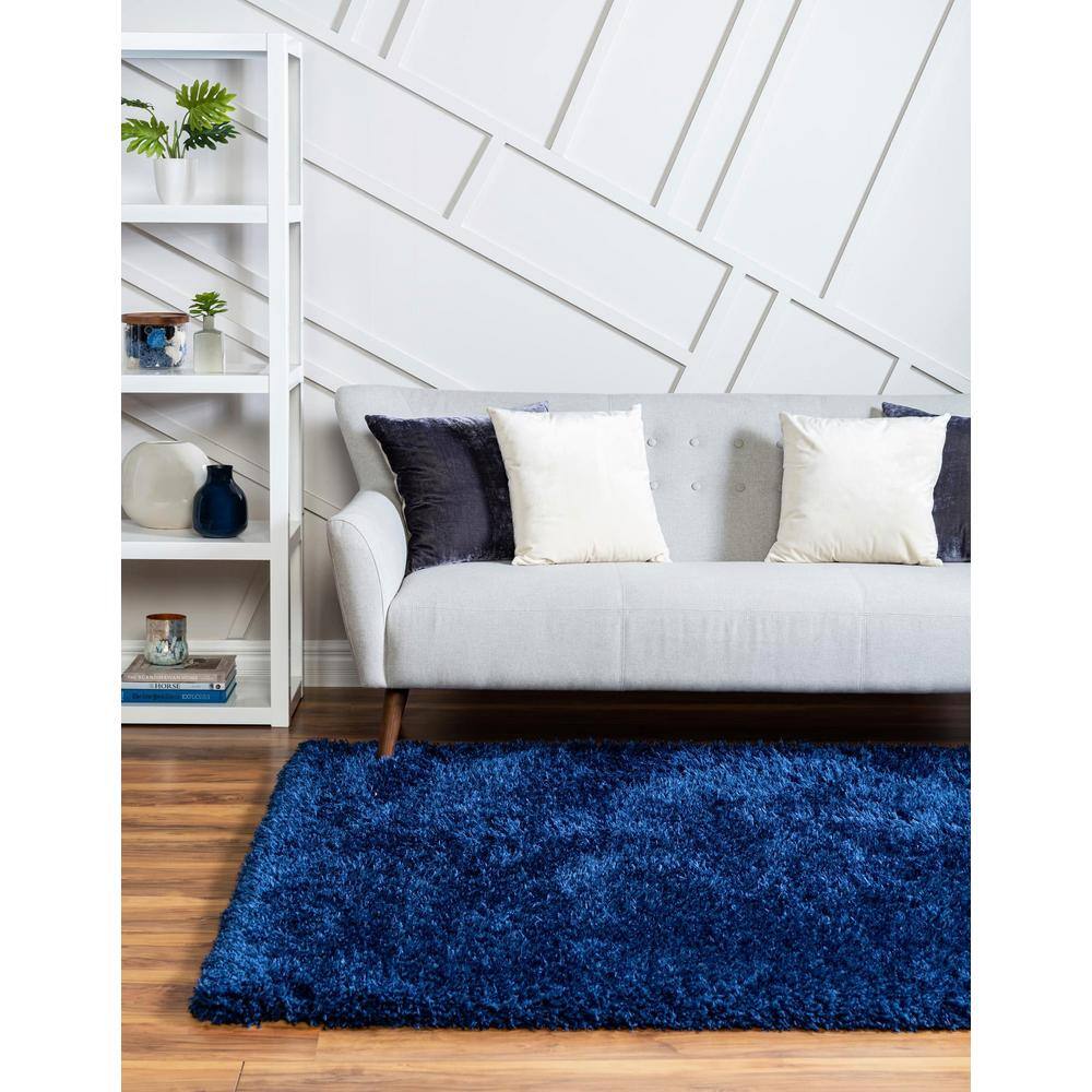 Aegean Blue Rectangular Shag Synthetic Area Rug 5'1" x 8'