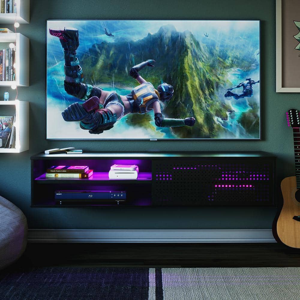 Contemporary Black MDF 62" Floating TV Stand with LED Lights