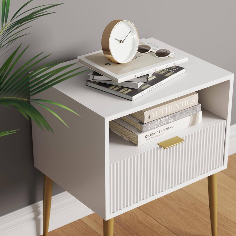 Jacklyn White and Gold Mid-Century Nightstands with Drawer, Set of 2