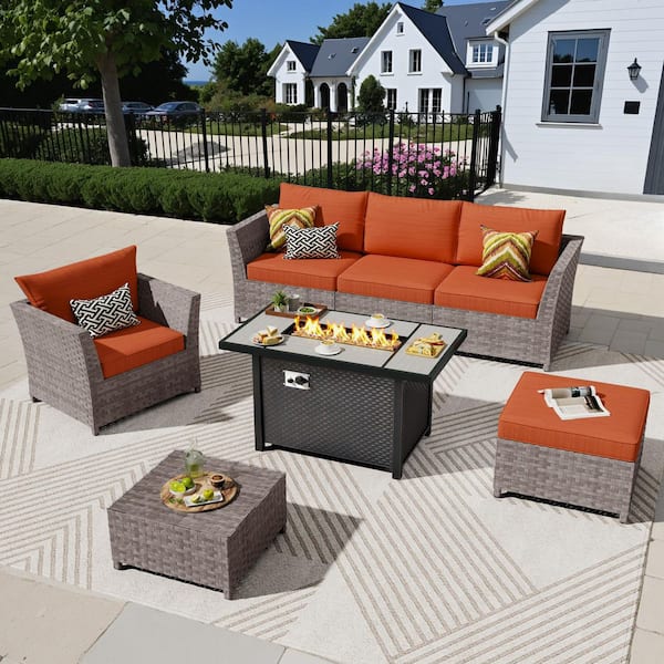 XIZZI Jasmine 7-Piece Wicker Outerdoor Patio Rectangular Fire Pit Set with Orange Red Cushions