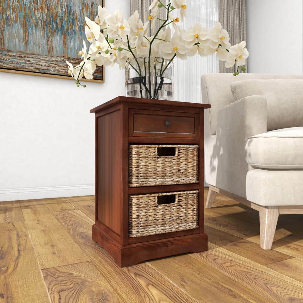 Elegant Brown Wooden Side Chest with Wicker Drawers - 33" x 20.5"