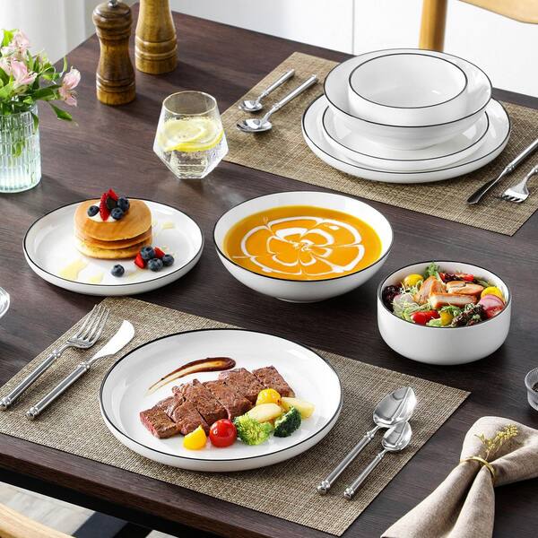 Porcelain Black Rimmed Dinnerware MALACASA 24-Piece White Color