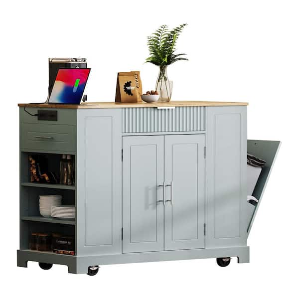 Grey/Blue Rubber Wood 48.5 in. W Kitchen Island with Trash Can Storage Cabinet, Power Outlet, Drawers, Open Side Racks