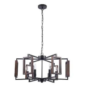 6-Light Black Chandelier with Craftsman Wood Accents