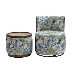 Edurne Floral Fabric Barrel Chair with Ottoman Removable Tray Top-GREEN
