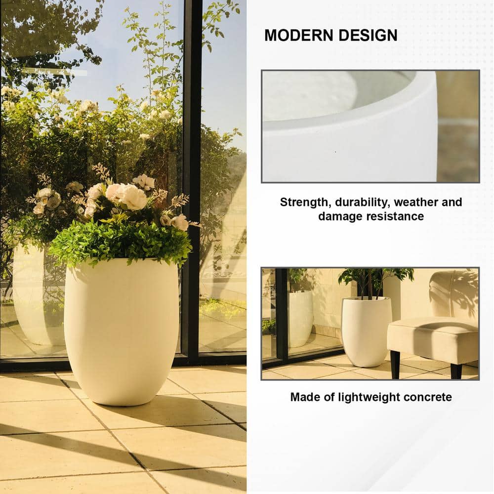 Large White Concrete Round Indoor/Outdoor Planter with Drainage Holes