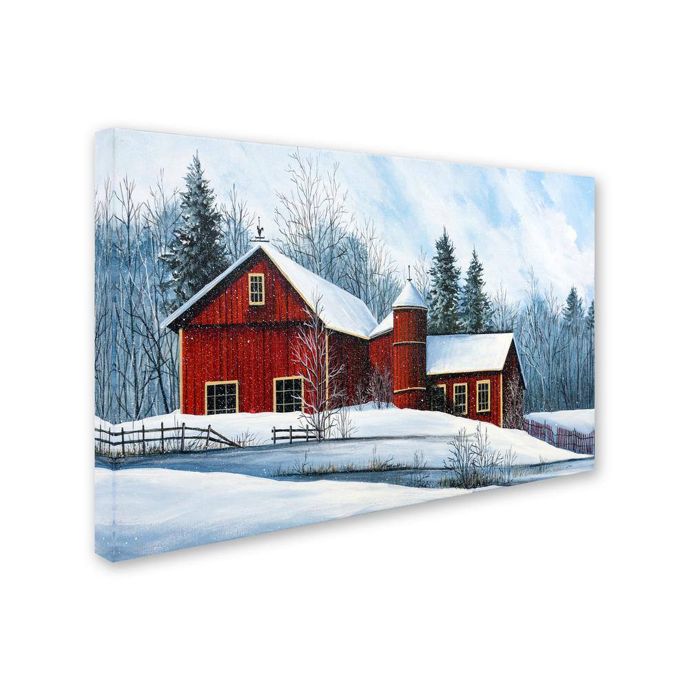 Red Barn Winter Landscape Canvas Art with Floater Frame