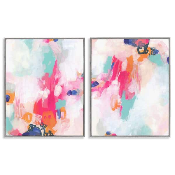 Stupell Industries Pink and Pastel Splotches by June Erica Vess 2 Pieces Gray Framed Abstract Giclee Art Print 14 in. x 11 in.