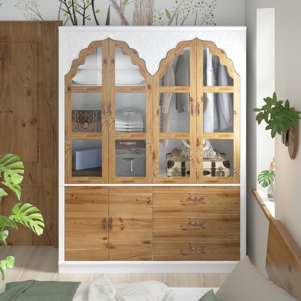 FUFU&GAGA 75.7 in. H Paint Finish Wooden Accent Storage Cabinet in Brown and White, Rustic Style, With Glass Doors and-Drawers
