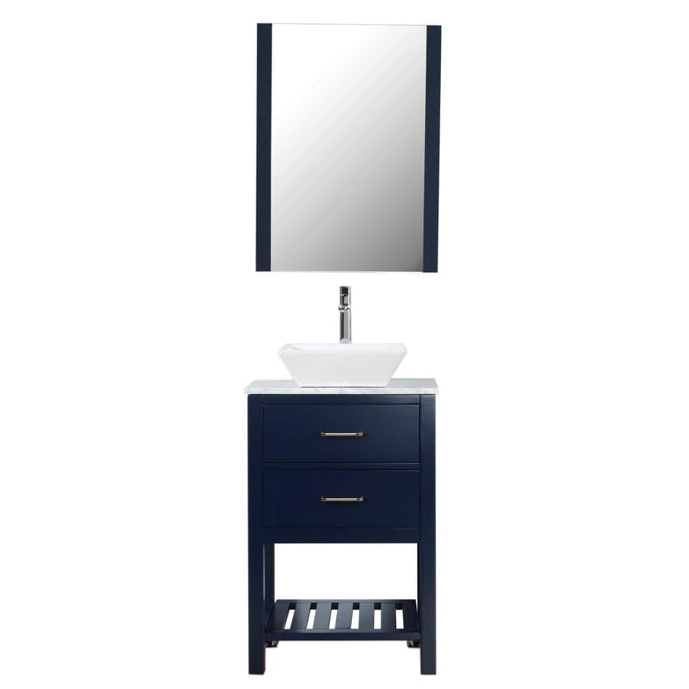 Santa Monica 24 in. W x 18 in. D Bath Vanity in Navy with Carra Marble Top in White with White Basin and Mirror, Blue