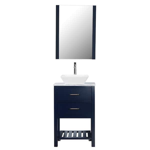 Unbranded Santa Monica 24 in. W x 18 in. D Bath Vanity in Navy with Carra Marble Top in White with White Basin and Mirror
