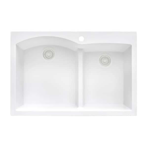 Ruvati epiGranite 33 in. Drop-in Topmount Double Bowl Kitchen Sink in Arctic White Granite Composite with Low Divide
